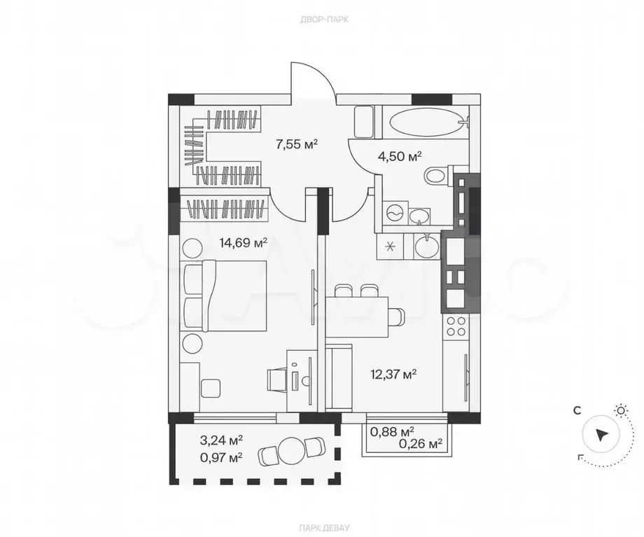 1-к. квартира, 40,3 м, 7/7 эт. - Фото 1
