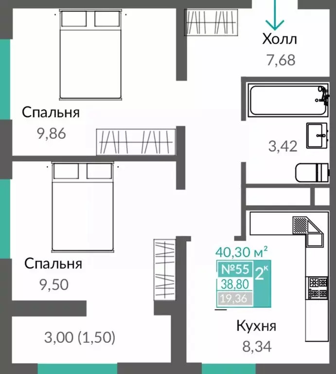 2-к кв. Крым, Симферополь просп. Александра Суворова (40.43 м) - Фото 0