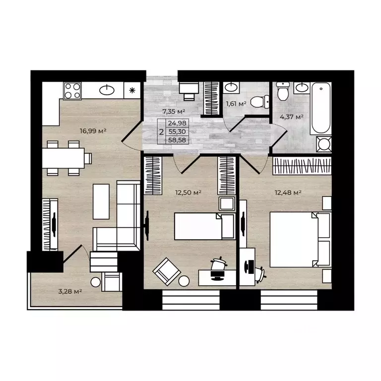 2-к кв. Ярославская область, Ярославль Тормозное ш. (58.58 м) - Фото 1