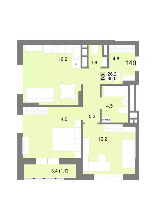 2-комнатная квартира: Екатеринбург, улица Шаумяна, 77 (60 м) - Фото 0