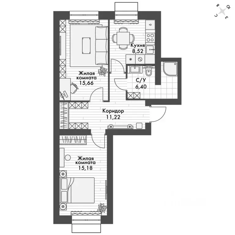 2-к кв. Татарстан, Зеленодольский район, Октябрьское с/пос, пос. ... - Фото 2
