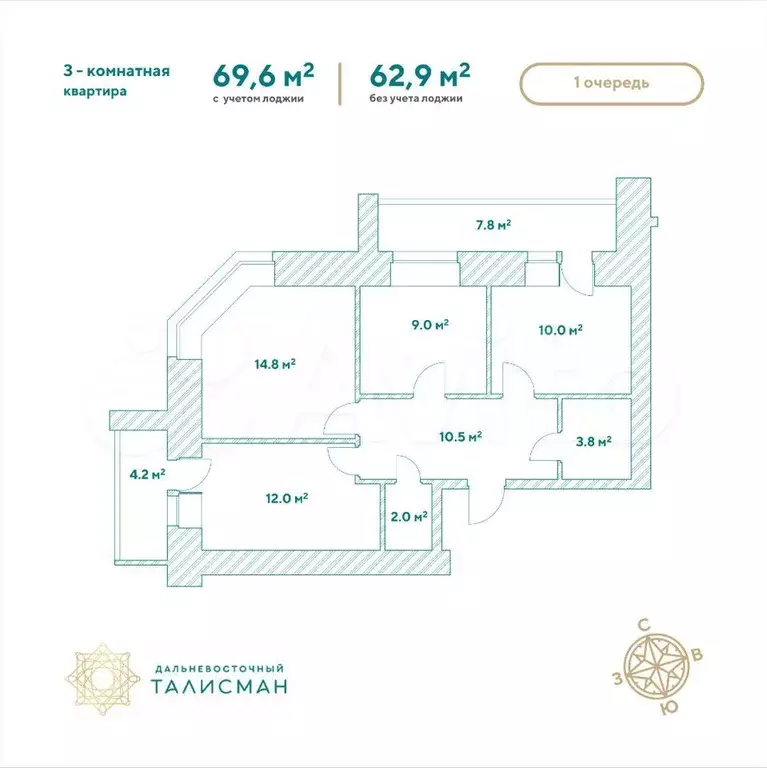 3-к. квартира, 69,6 м, 8/14 эт. - Фото 1