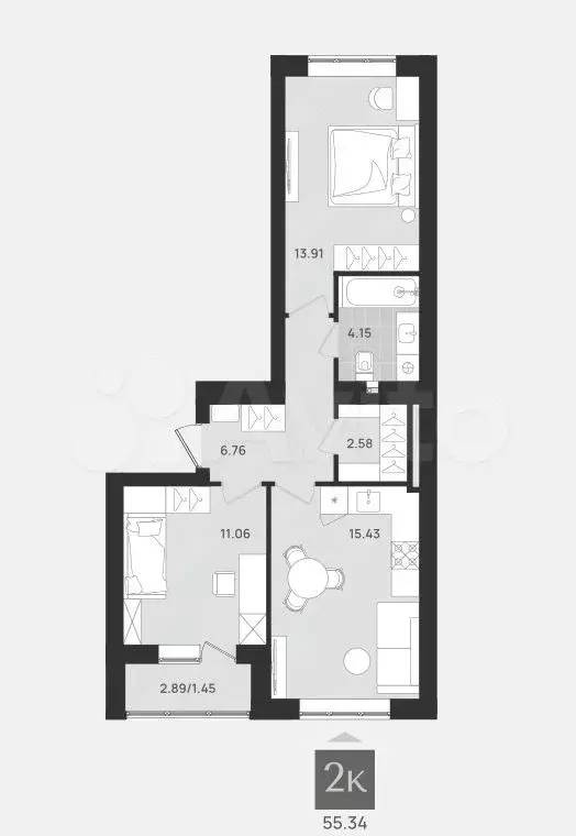 2-к. квартира, 55,3 м, 5/9 эт. - Фото 1