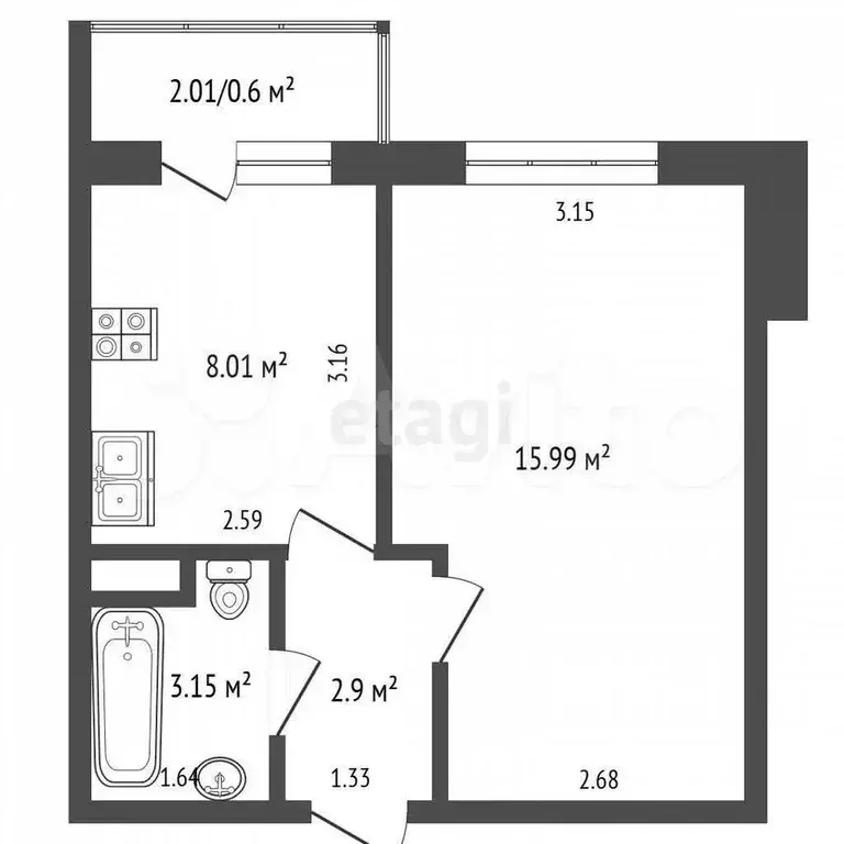 1-к. квартира, 30,6 м, 2/5 эт. - Фото 0