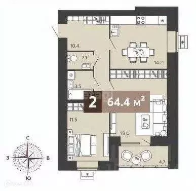 Продаётся 2-к квартира, 64.4 м - Фото 1