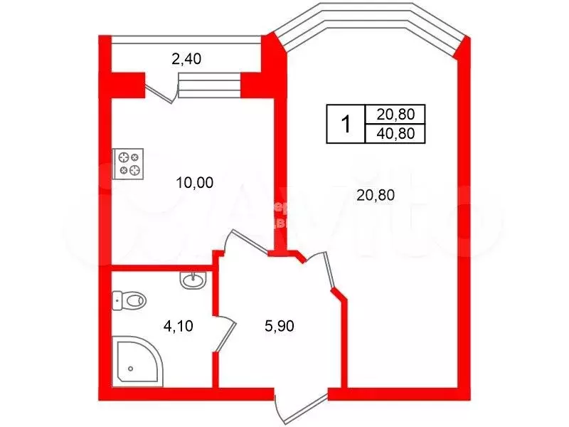 1-к. квартира, 40,8 м, 4/4 эт. - Фото 0