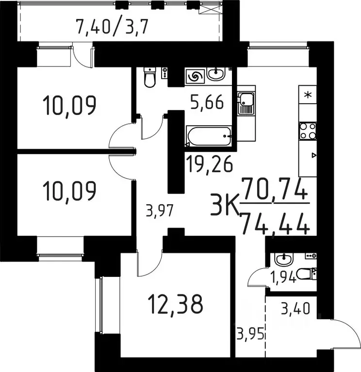 3-к кв. Томская область, Томск ул. Вершинина, 58к1 (74.44 м) - Фото 0