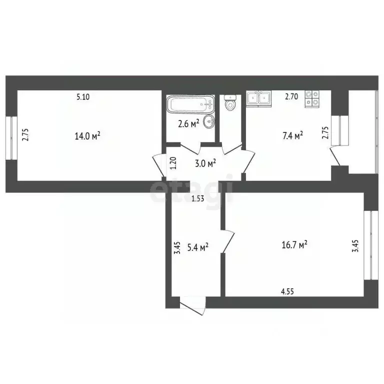 2-к кв. Кемеровская область, Кемерово ул. Патриотов, 32 (51.1 м) - Фото 2