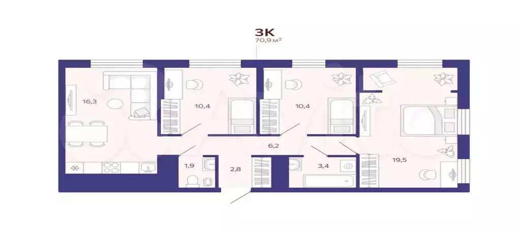 3-к. квартира, 70,9 м, 3/14 эт. - Фото 1