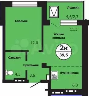 2-к. квартира, 39,5 м, 3/19 эт. - Фото 0
