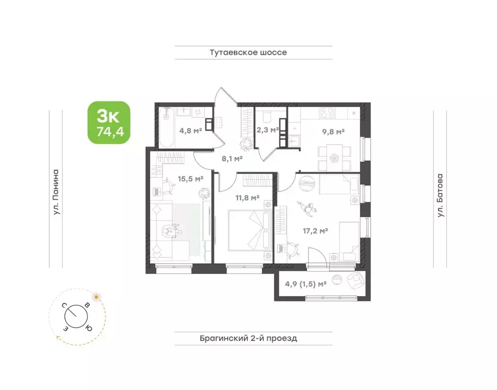 3-к кв. Ярославская область, Ярославль Тутаевское ш., 93Б (71.0 м) - Фото 1