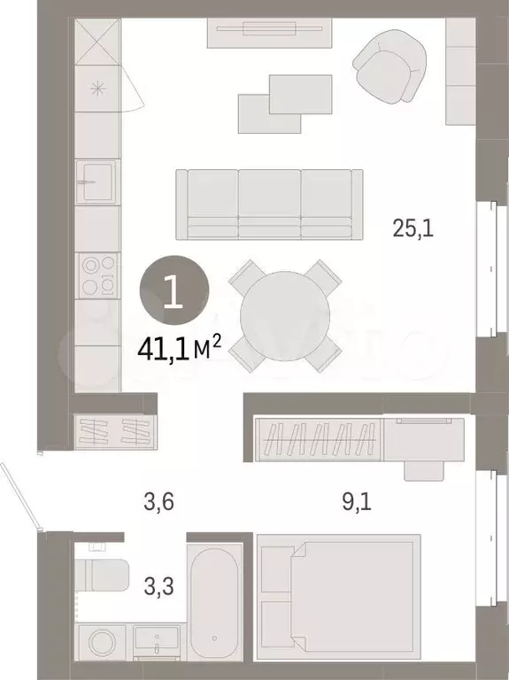 1-к. квартира, 41,1 м, 6/11 эт. - Фото 1