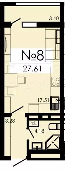 Квартира-студия, 27,6 м, 3/13 эт. - Фото 1