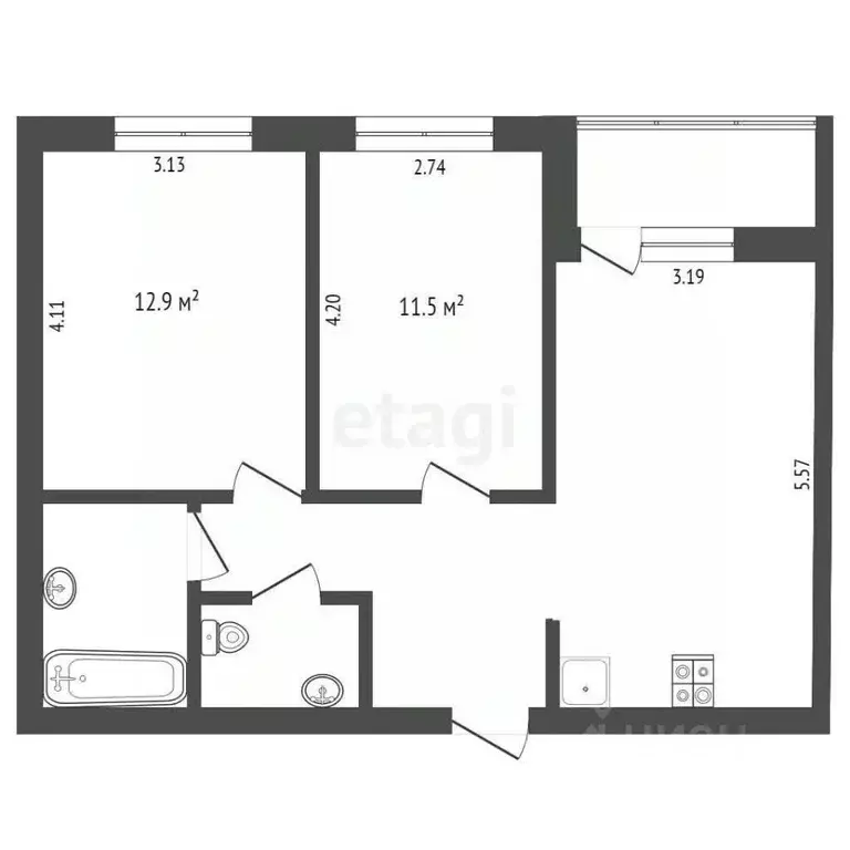 2-к кв. Ханты-Мансийский АО, Сургут ул. Ивана Захарова, 11/1 (56.8 м) - Фото 1