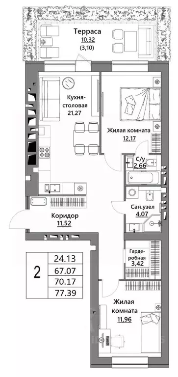 2-к кв. Калужская область, Калуга Жилыеы Острова кв-л,  (70.17 м) - Фото 0