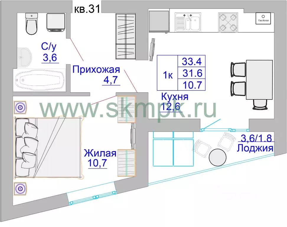 1-к кв. Калининградская область, Калининград Печатная ул. (33.4 м) - Фото 0