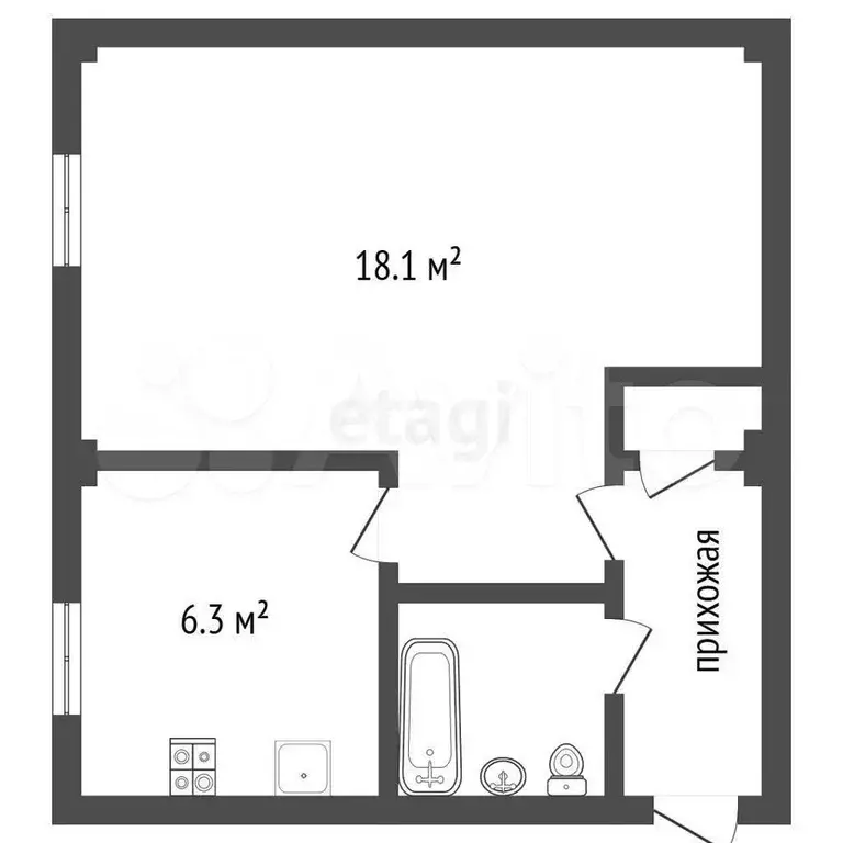 1-к. квартира, 30,6 м, 5/5 эт. - Фото 1