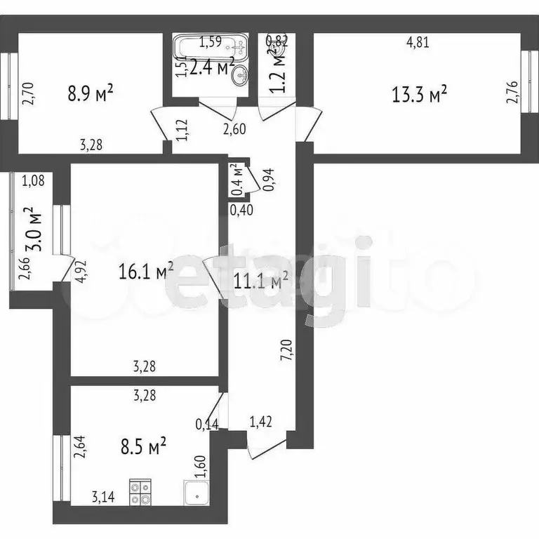3-к. квартира, 62,1 м, 5/9 эт. - Фото 0