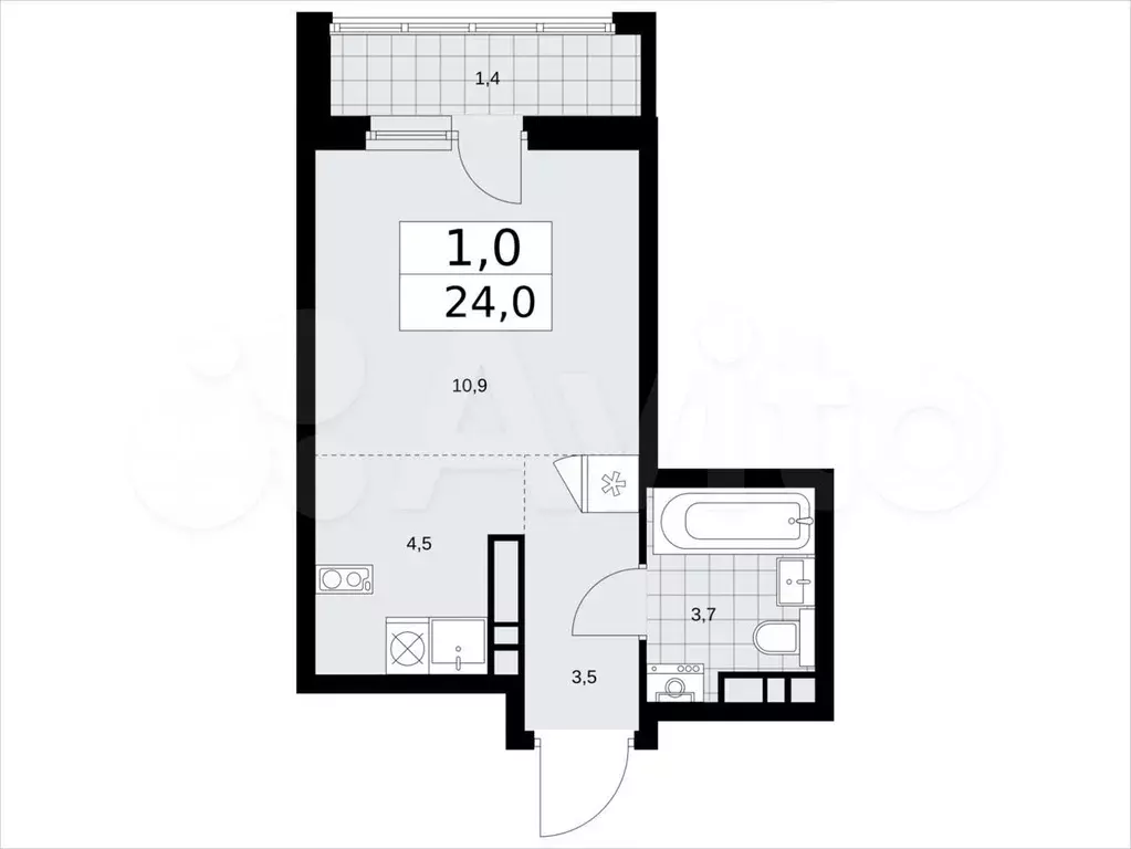 Квартира-студия, 24м, 12/14эт. - Фото 1