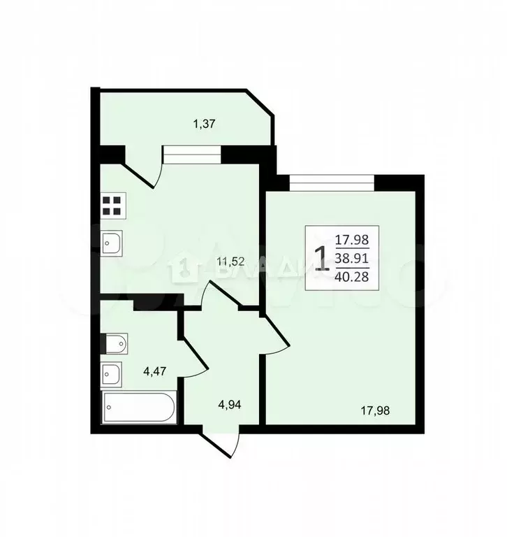 1-к. квартира, 40 м, 12/13 эт. - Фото 0