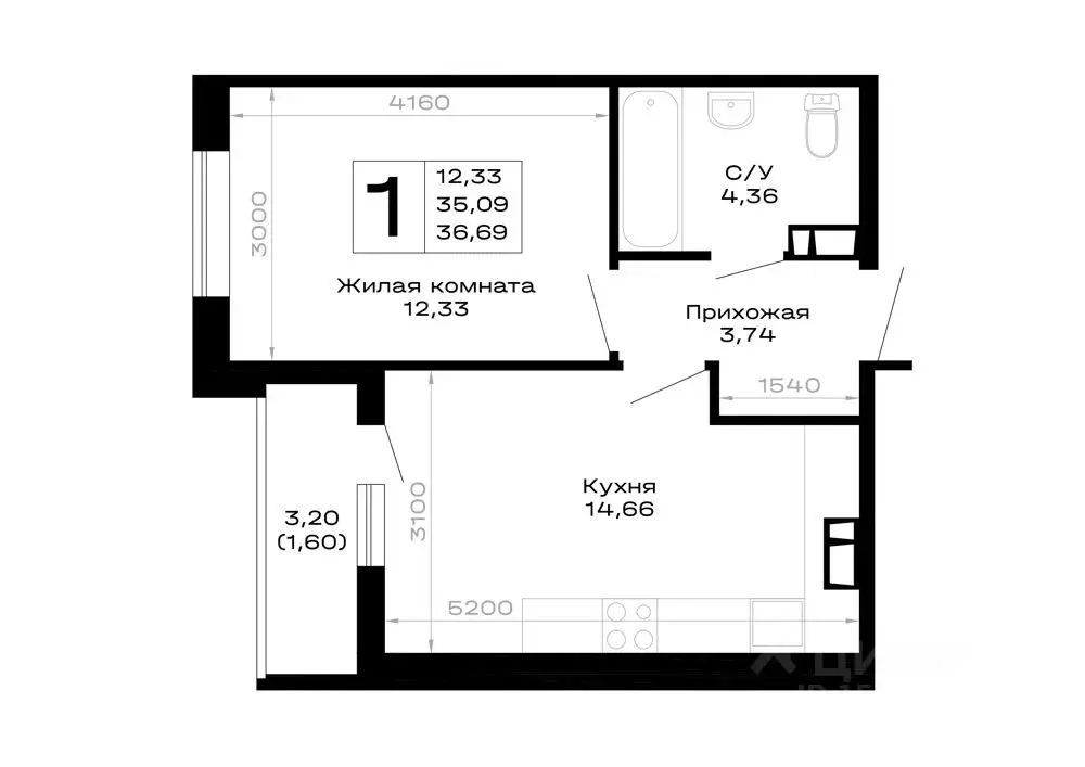 1-к кв. Адыгея, Майкоп  (36.69 м) - Фото 1
