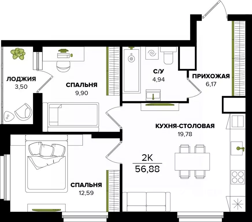 2-к кв. Тульская область, Тула ул. Академика Насоновой (56.88 м) - Фото 1