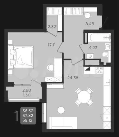 1-к. квартира, 59,1 м, 4/9 эт. - Фото 1