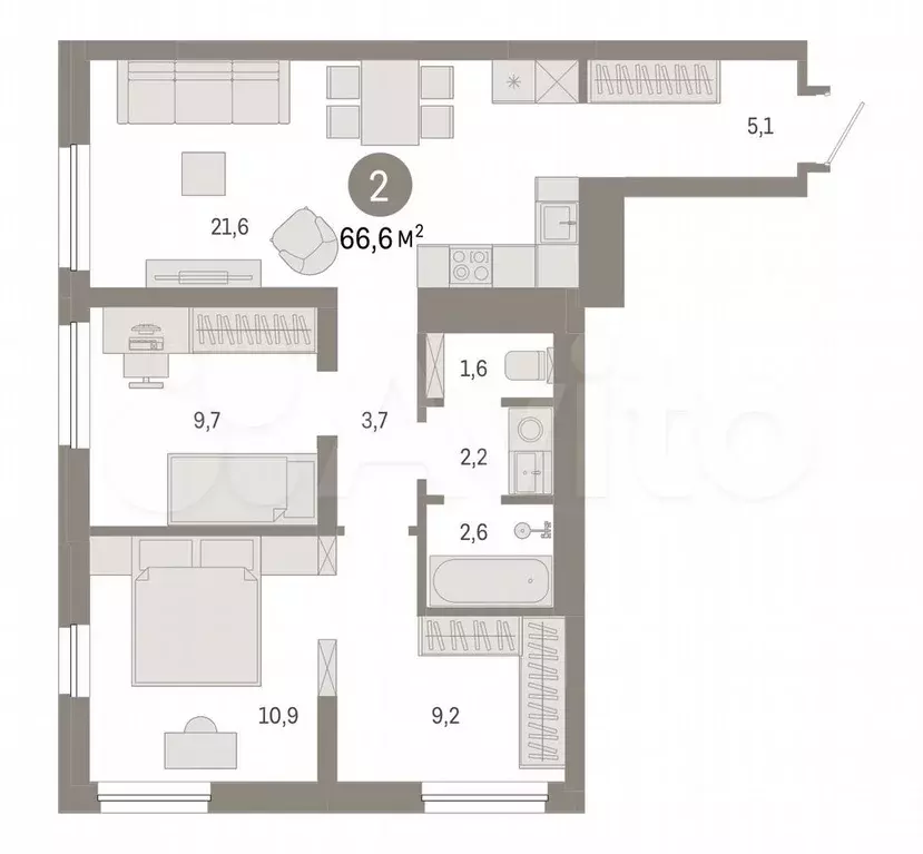2-к. квартира, 66,6 м, 2/8 эт. - Фото 0