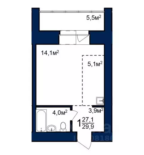 Студия Амурская область, Благовещенск 224-й кв-л,  (29.9 м) - Фото 0