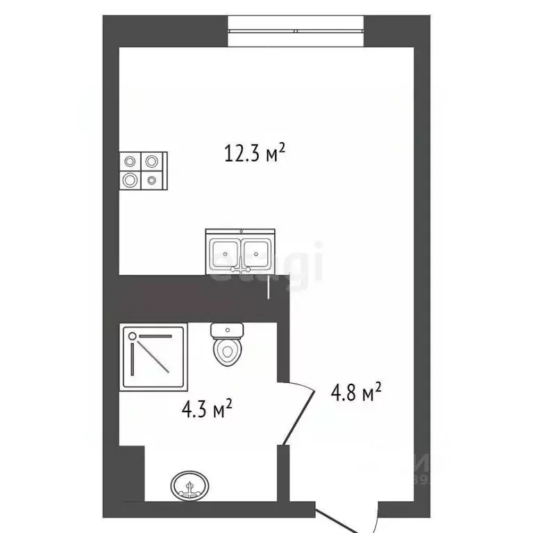 Студия Тюменская область, Тюмень  (21.4 м) - Фото 1