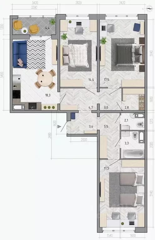 3-к кв. Воронежская область, Воронеж ул. Федора Тютчева, 105 (94.7 м) - Фото 1