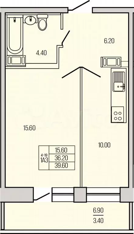 1-к. квартира, 39,6 м, 6/21 эт. - Фото 1