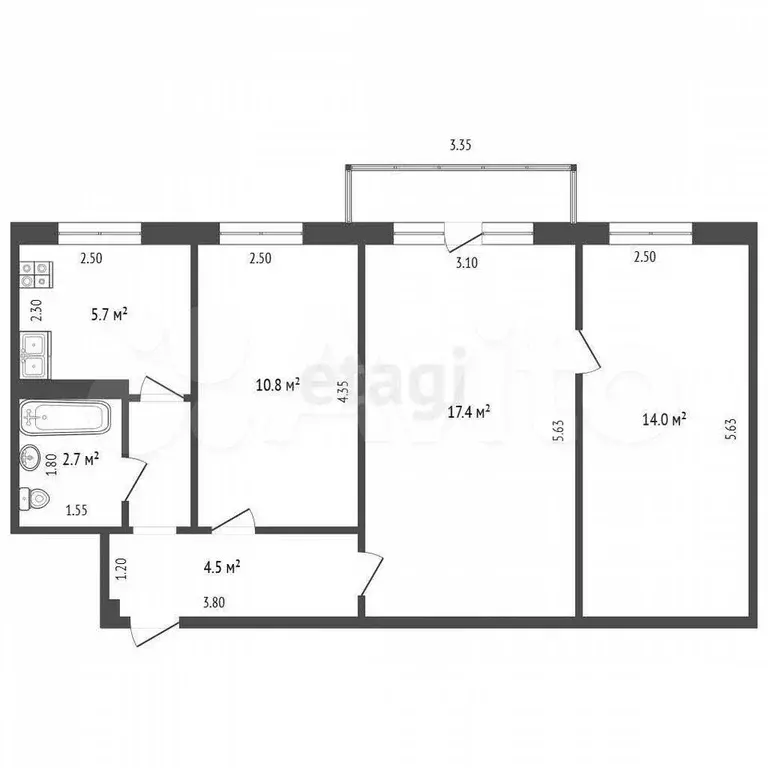 3-к. квартира, 57,7 м, 4/5 эт. - Фото 0