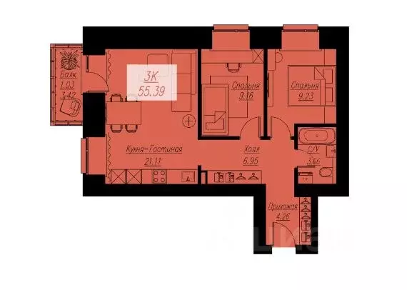 3-к кв. Красноярский край, Красноярск Семафорная ул., 441а (55.39 м) - Фото 0