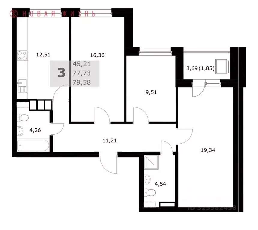 3-к кв. Самарская область, Самара  (79.6 м) - Фото 1