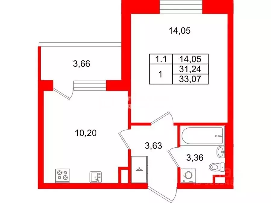 1-к кв. Санкт-Петербург Пулковское ш., 99к6 (31.16 м) - Фото 0