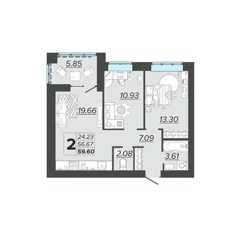2-к кв. Брянская область, Брянск Архитектор жилой комплекс (59.6 м) - Фото 1
