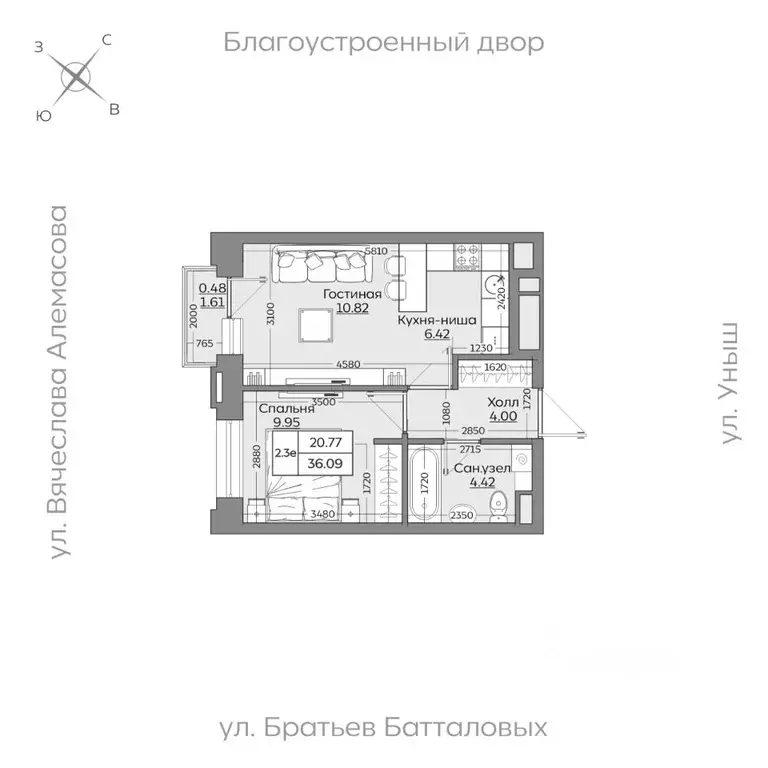 2-к кв. Татарстан, Казань ул. Рауиса Гареева (36.09 м) - Фото 0