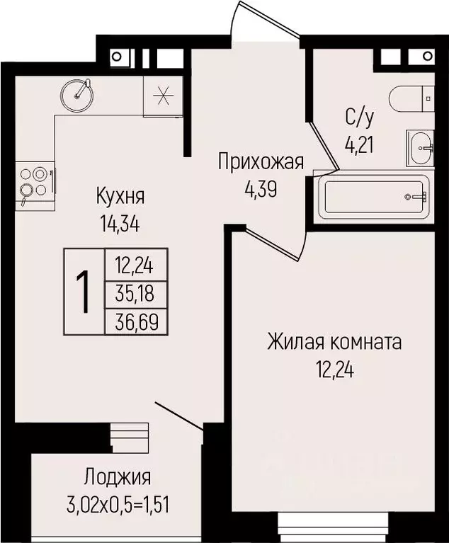 1-к кв. Краснодарский край, Краснодар ул. Михаила Барибана (36.69 м) - Фото 0