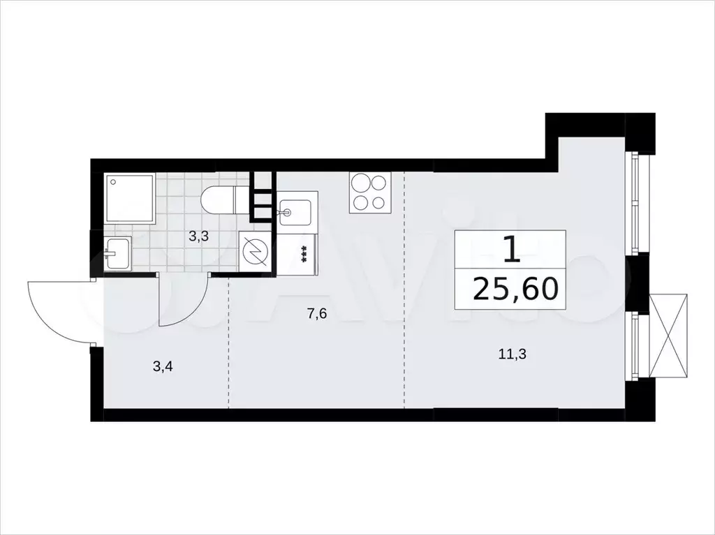 Квартира-студия, 25,6м, 3/16эт. - Фото 1