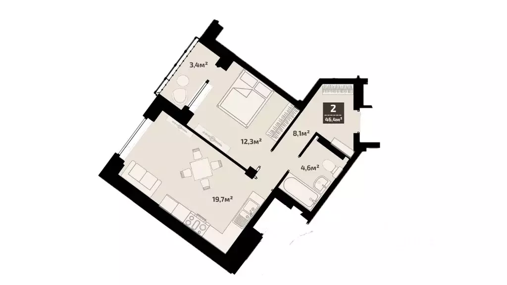 2-к кв. Омская область, Омск Гармония жилой комплекс (46.5 м) - Фото 1