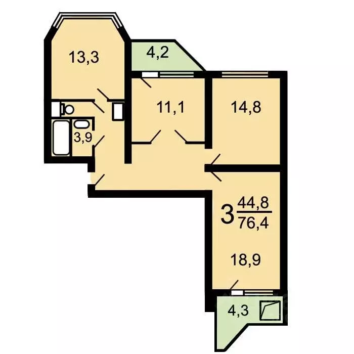 Квартира, 3 комнаты, 74.5 м - Фото 0