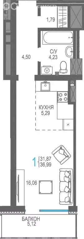 Квартира-студия: Ялта, Бакунинский проезд, 13 (36.99 м) - Фото 0