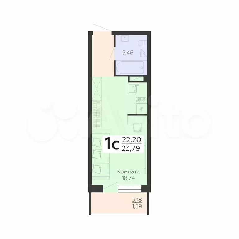 Квартира-студия, 23,8 м, 12/19 эт. - Фото 0