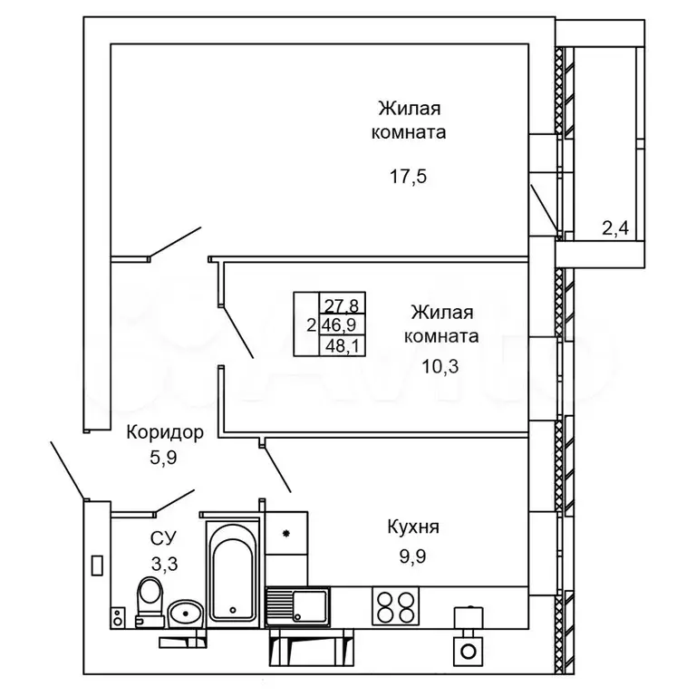 2-к. квартира, 48,1 м, 9/10 эт. - Фото 0