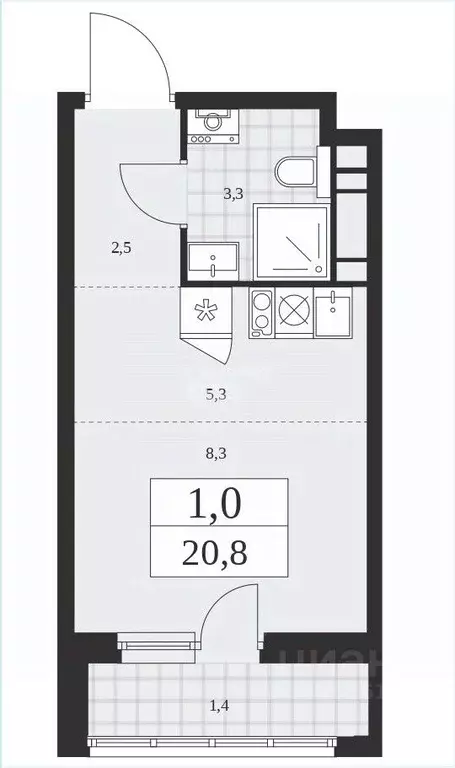 Студия Москва № 160 кв-л, 1Вк1 (20.8 м) - Фото 2