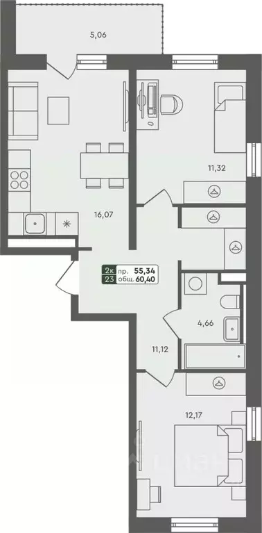 2-к кв. Омская область, Омск Красноярский тракт (60.4 м) - Фото 0