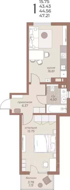 1-к кв. Калининградская область, Балтийск  (47.21 м) - Фото 1