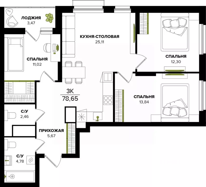 3-к кв. Тульская область, Тула ул. Академика Насоновой (78.65 м) - Фото 1