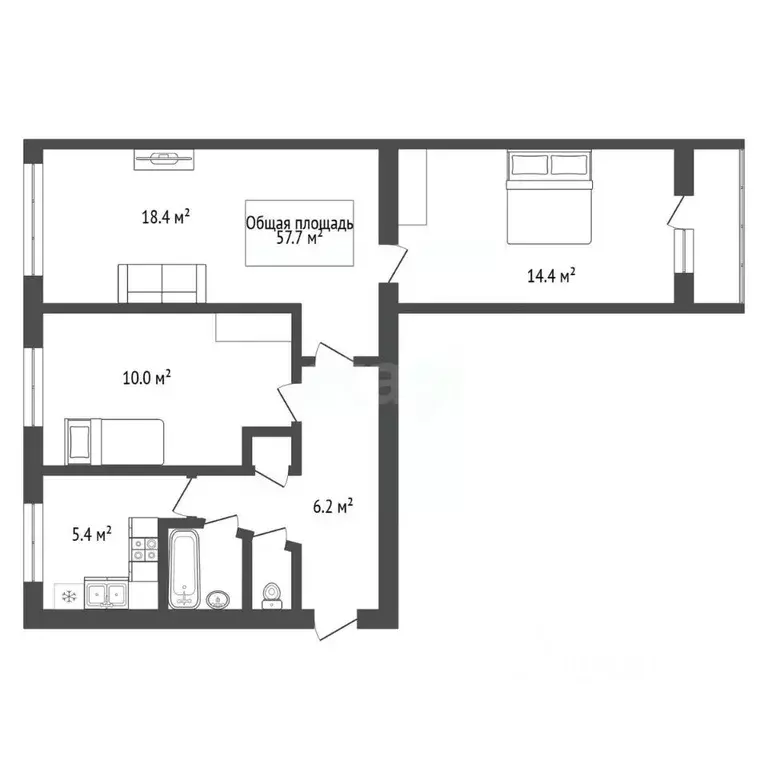3-к кв. Новосибирская область, Новосибирск Ветлужская ул., 18 (57.7 м) - Фото 2
